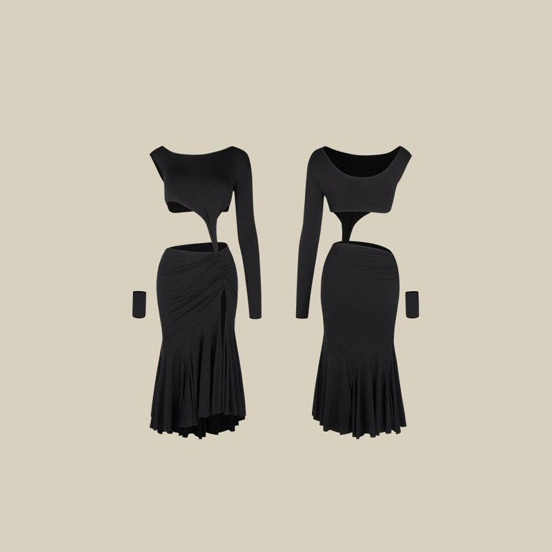 Black one sleeve crop top, skirt and arm cuff, product view