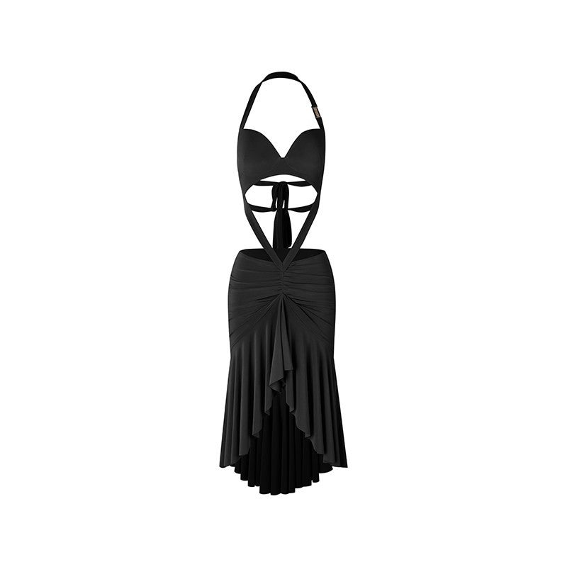 Black halter Latin salsa dance dress, product view