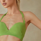Green halter wrap top, close up