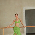 Green ruffle skirt Latin dance dress, pose at the barre