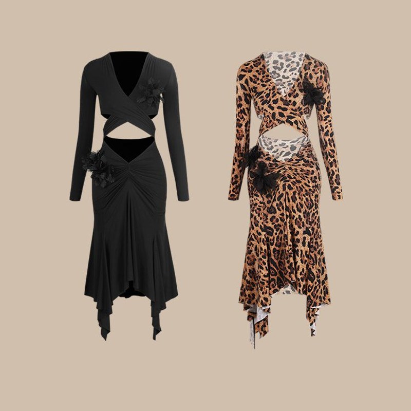 Black and leopard long sleeve dance dresses, product view