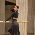Black asymmetric hem Latin dance dress, side view