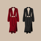 Burgundy and black long sleeve dance dresses, product view