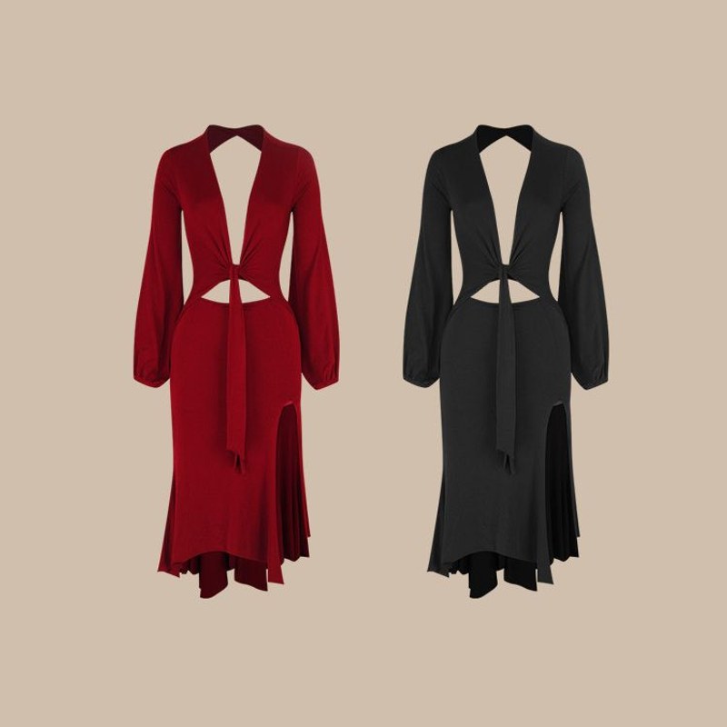 Burgundy and black long sleeve dance dresses, product view