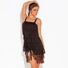 Black layered fringe salsa dance dress, arm raised