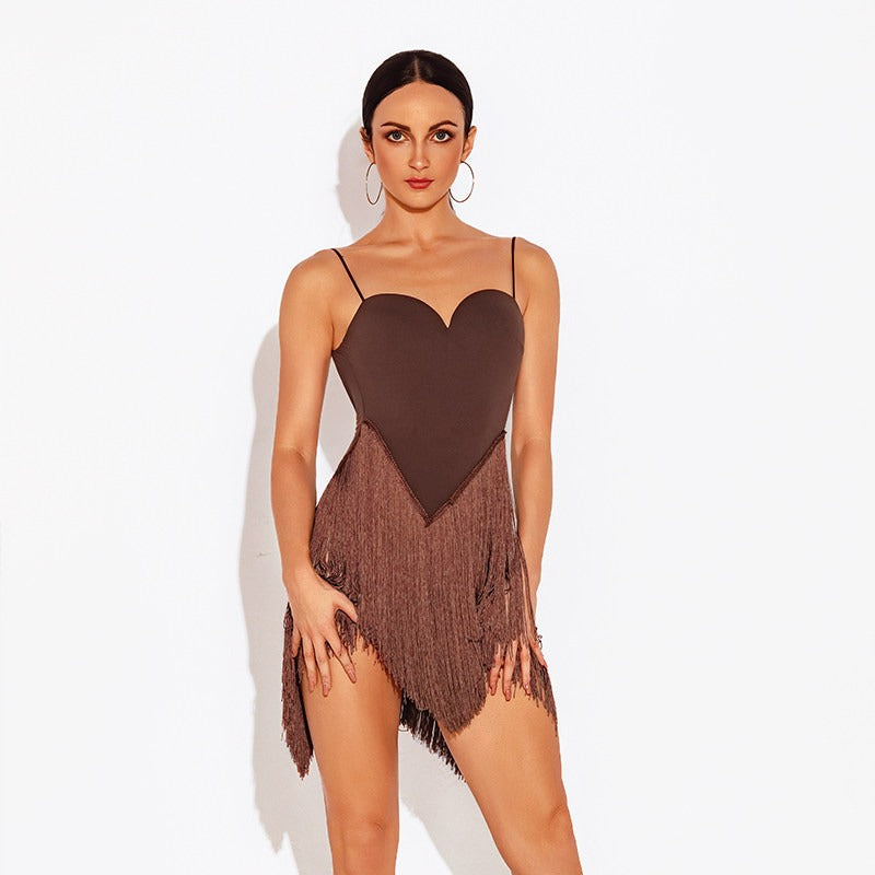 Brown V waist fringe dance dress, front view