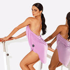 Lavender cowl neck Latin salsa dance dress, back view at the barre