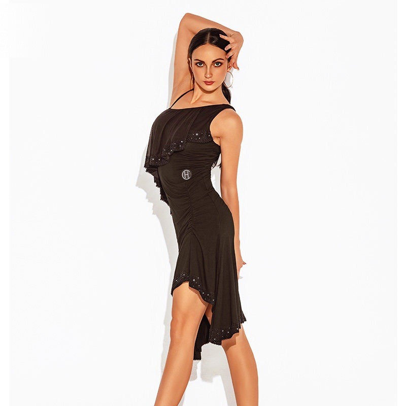 Black one shoulder Latin salsa dance dress, arm raised