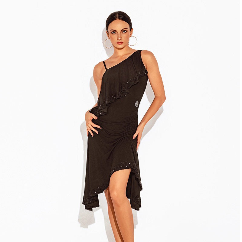 Black ruffle one shoulder dance dress, front view