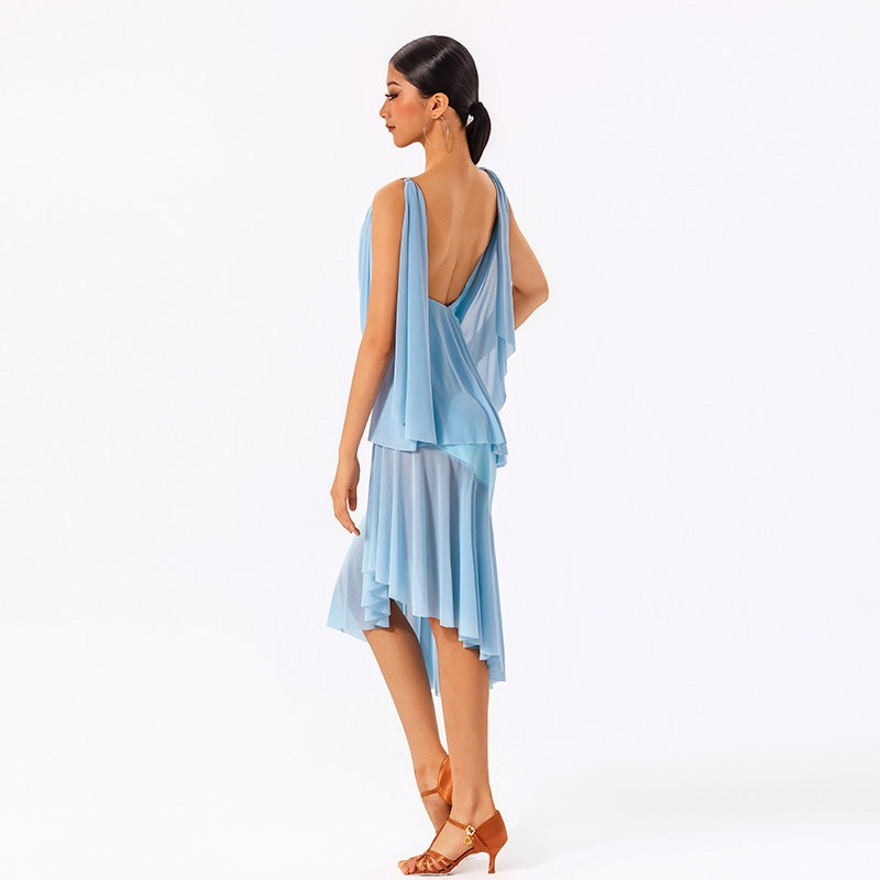 Light blue chiffon drape open back dance dress, back view