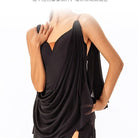 Black draped chiffon V neck on a dance dress, close up