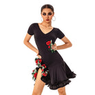 Black rose embroidered Latin salsa dance dress, front view
