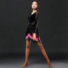 Black velvet Latin salsa dance dress with rose red fringe, front view