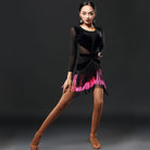 Rose red fringe velvet salsa dance dress, front view