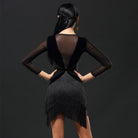 Black velvet dance dress with sheer mesh back, back view