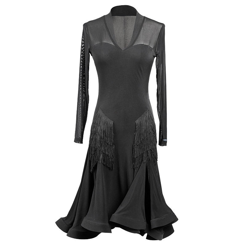 Black long sleeve Latin dance dress with fringe panels, product view