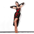 Black rose print Latin salsa dance dress with mesh gloves, front view