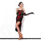 Black floral midi dance dress, pose