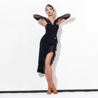 Black mesh ruffle slit salsa dance dress, front view