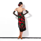 Black rose print Latin dance dress, lace up back view
