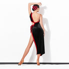 Black velvet open back Latin dance dress, back view