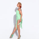 Mint green fringe dance dress, side view
