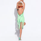 Mint green open back fringe dance dress, back view
