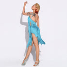 Turquoise open back fringe dance dress, pose