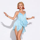 Light blue tiered fringe Latin salsa dance dress, arms out