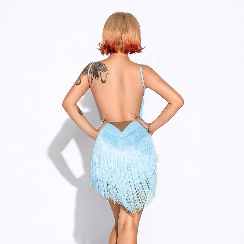 Light blue open back fringe dance dress, back view