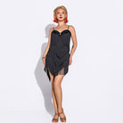 Black rhinestone fringe dance dress, front view