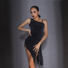 Black one shoulder salsa dance dress, front view
