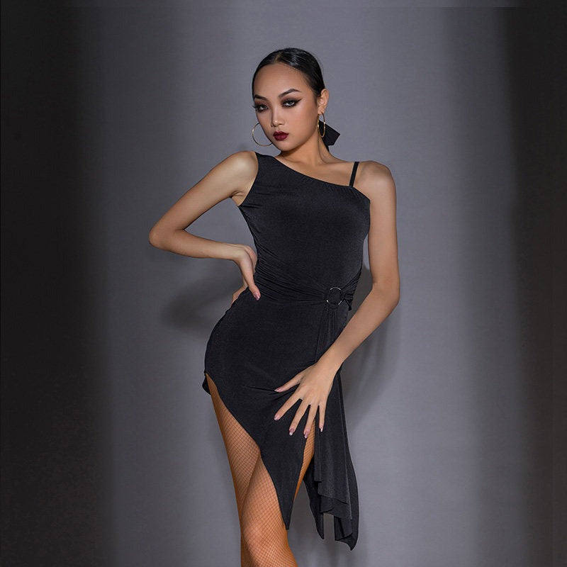 Black one shoulder salsa dance dress, front view