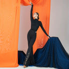Black side lace slit Latin dance pants for women, front view