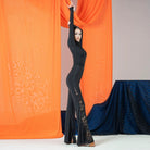 Black lace panel dancesport practice trousers, side view