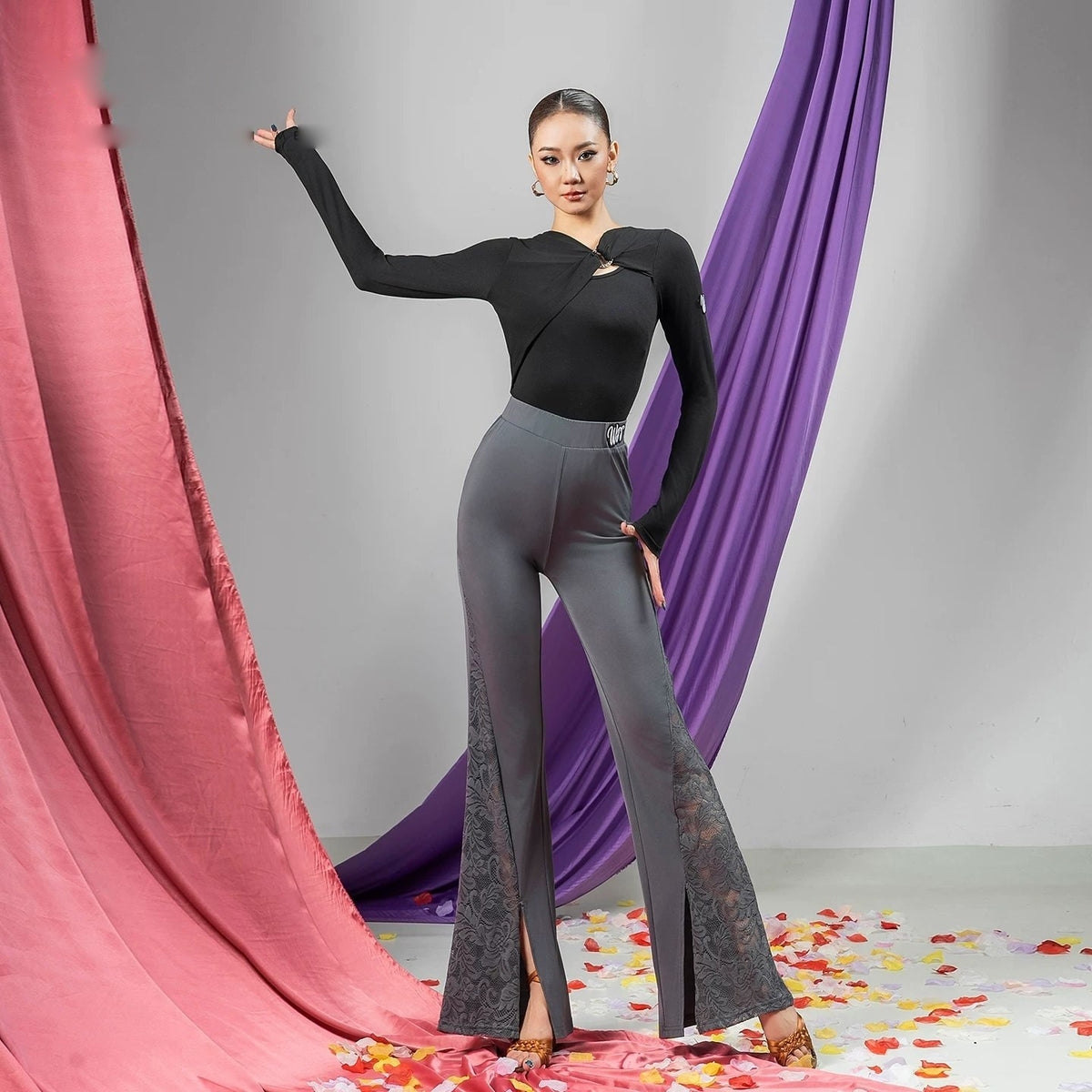 Grey side lace slit Latin dance pants, front view