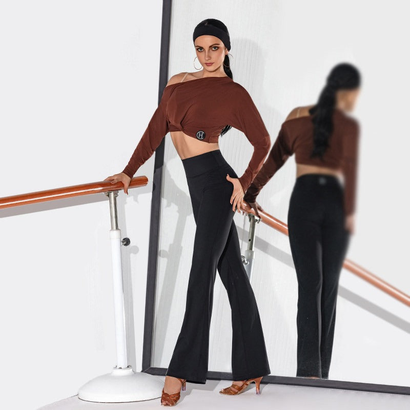 Black high waist Latin salsa dance pants, mirror view