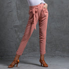 Pink tie belt tapered Latin salsa dance pants, front view