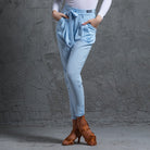 Light blue tie belt Latin dance pants with front pleats