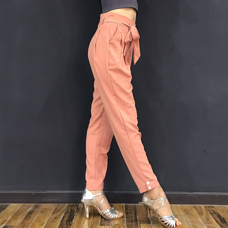 Pink tie belt Latin dance pants, side view