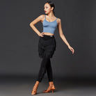 Black fringe Latin salsa dance pants, full length view