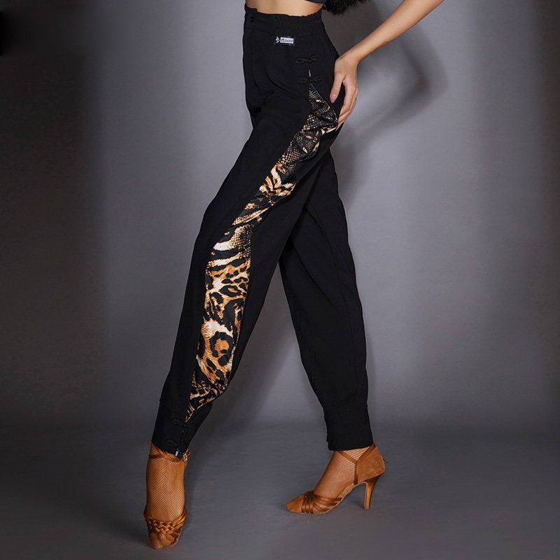Black and leopard print Latin salsa dance pants, front view