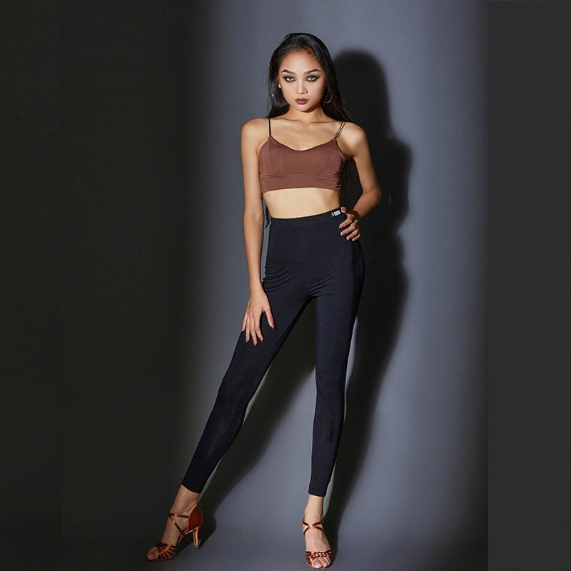 Black slim fit Latin salsa dance pants, full length view