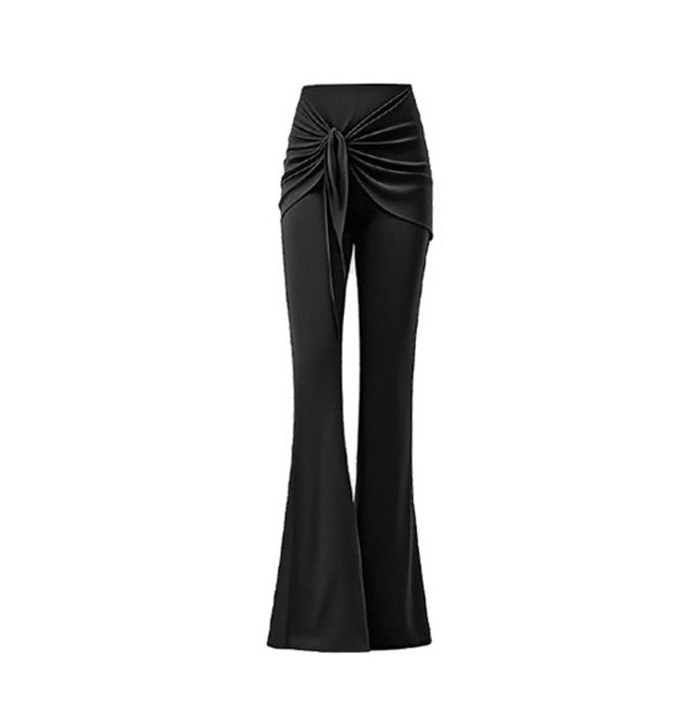 Black skirted flare Latin salsa dance pants with knot front