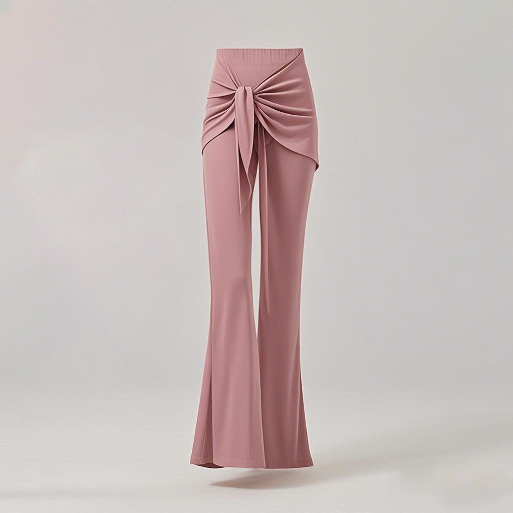 Pink flared Latin dance pants with a knotted wrap skirt panel