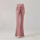 Pink flared Latin dance pants with a knotted wrap skirt panel