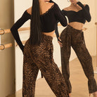 Brown leopard dance pants, back view with hip ties