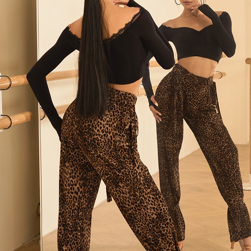 Brown leopard dance pants, back view with hip ties