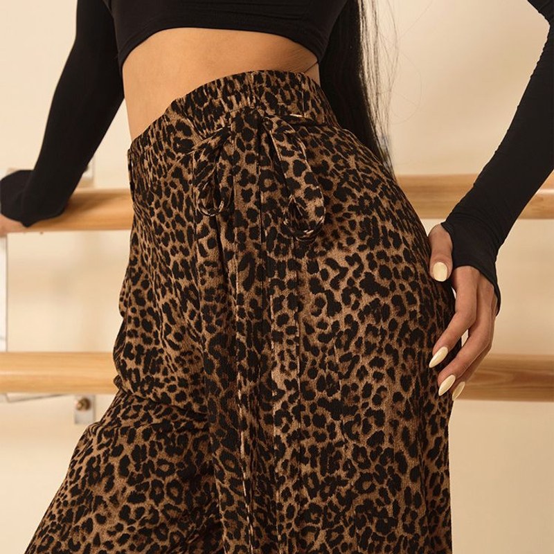 Brown leopard dance pants, hip tie close up