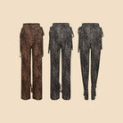 Brown and grey leopard wide leg dance pants, straight and tied hems, product view